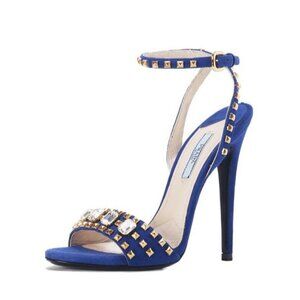 Prada Crystal Studded Sandal Open-Toe Heels in Cobalt Suede and US 9.5 / EU 39.5